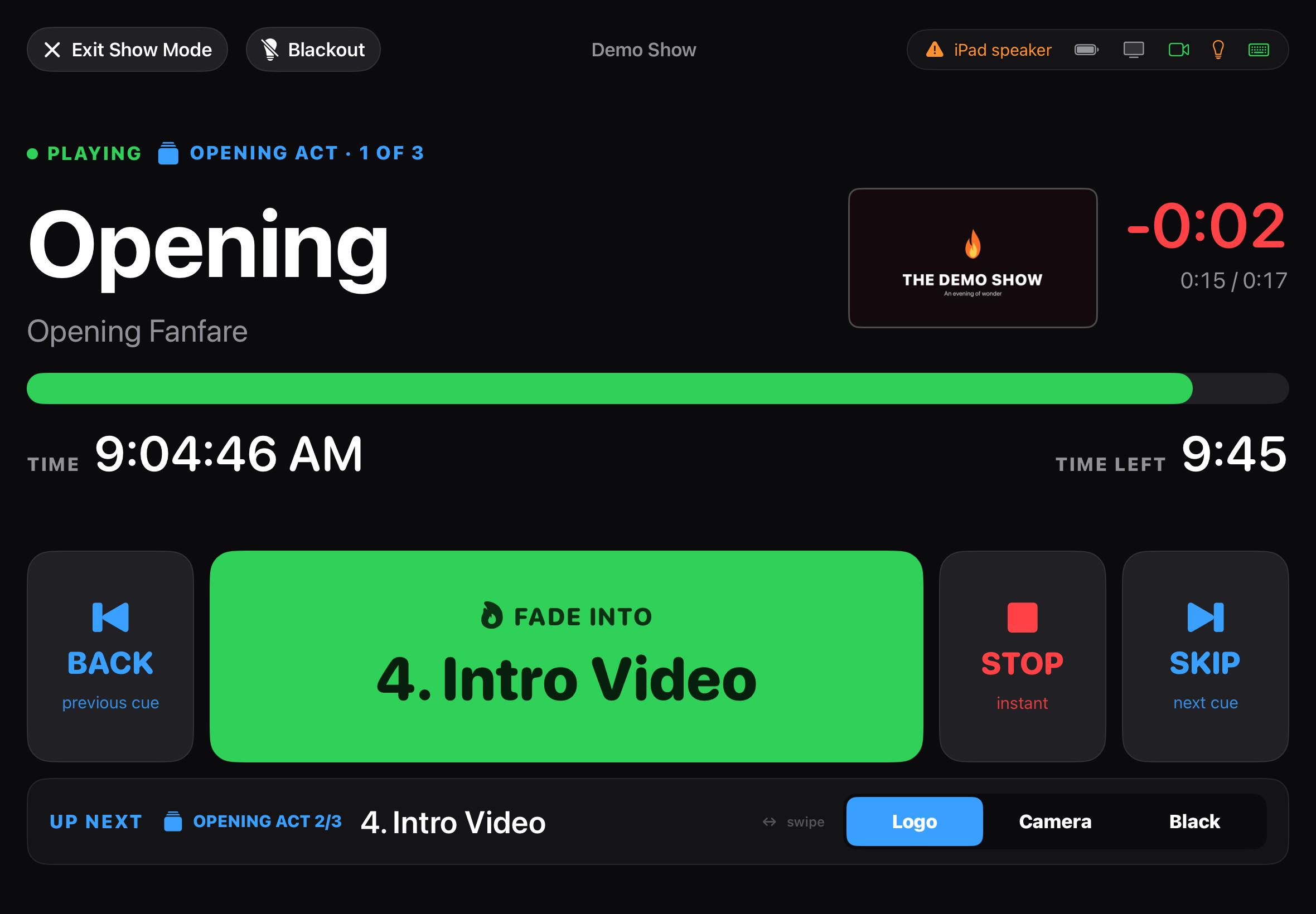 ShowFire Show Mode with the current cue, countdown and performance controls